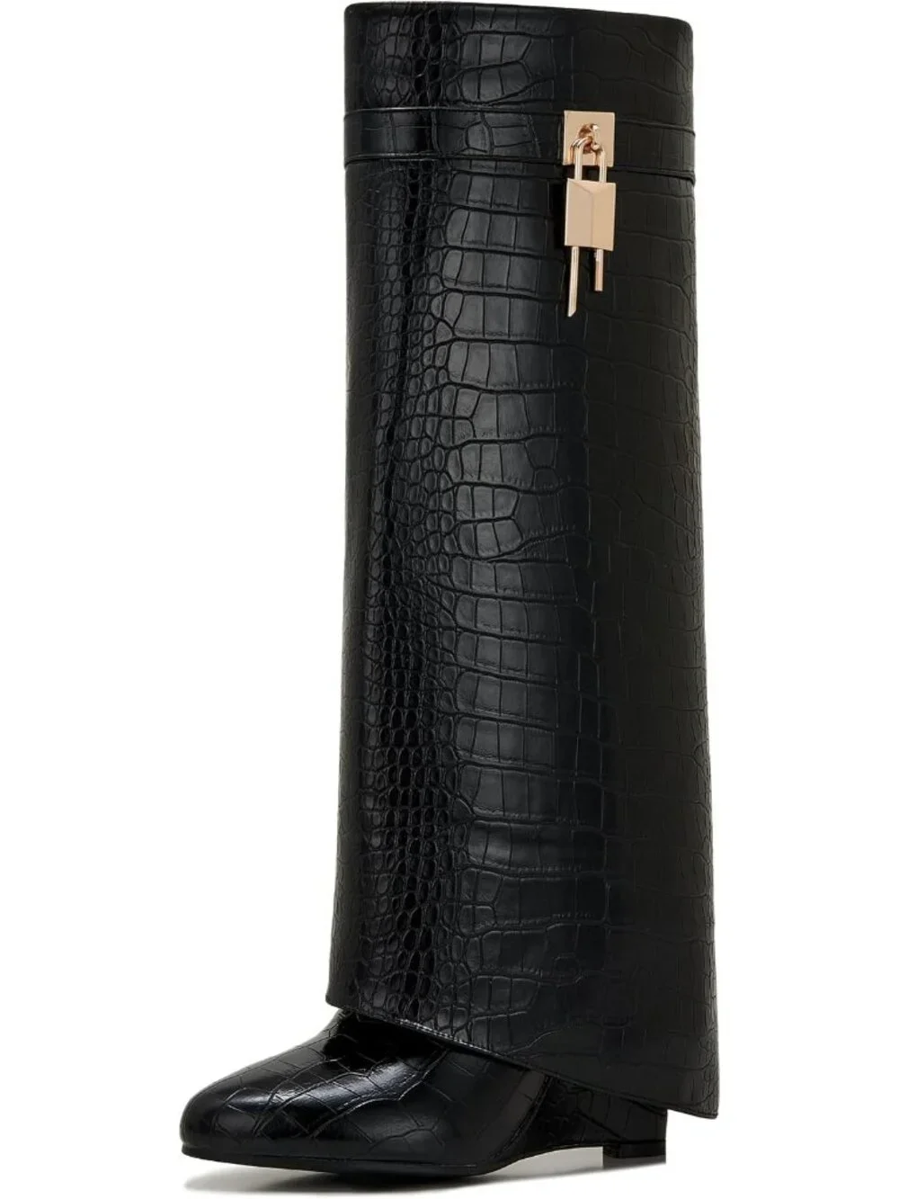 Women Black Crocodile 1 Pointed Toe Wedge Heel Side Zipper Knee High Shark Boots